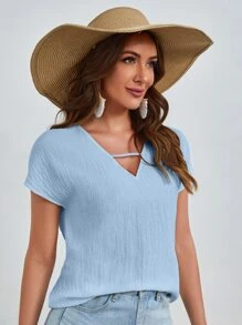 SHEIN LUNE 前鏤空蝙蝠袖襯衫 - 淺藍色 - 查看 3