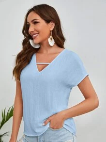 SHEIN LUNE 前鏤空蝙蝠袖襯衫 - 淺藍色 - 查看 4