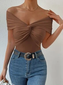 SHEIN Privé 一字肩前扭結上衣 - 棕色 - 查看 1