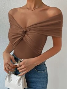 SHEIN Privé 一字肩前扭結上衣 - 棕色 - 查看 3