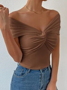 SHEIN Privé 一字肩前扭結上衣 - 棕色 - 查看 6