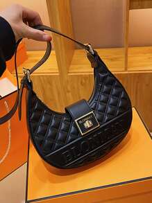 Túi đeo vai hình lưỡi liềm thời trang thêu họa tiết đá màu trơn họa tiết chữ kết cấu ép khóa kim loại màu vàng dành cho nữ đi làm thường ngày có dây đeo vai có thể điều chỉnh - màu đen - Xem 2