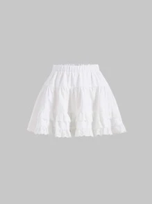 SHEIN MOD 網眼刺繡荷葉邊半身裙 - 白色 - 查看 1