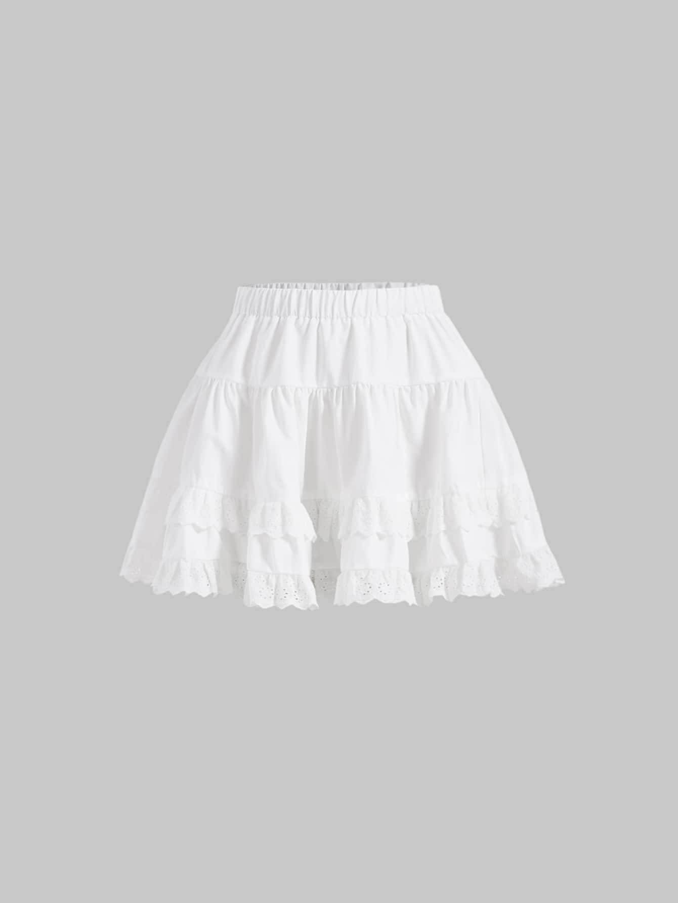 SHEIN MOD 網眼刺繡荷葉邊半身裙 - 白色 - 查看 1