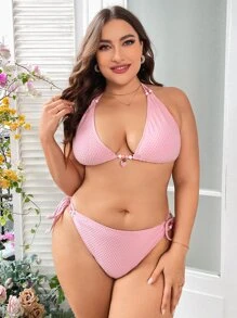 Swim Mod Summer Beach Plus Size Halter Triangle Tie Side Bikini Set - Baby Pink - View 4