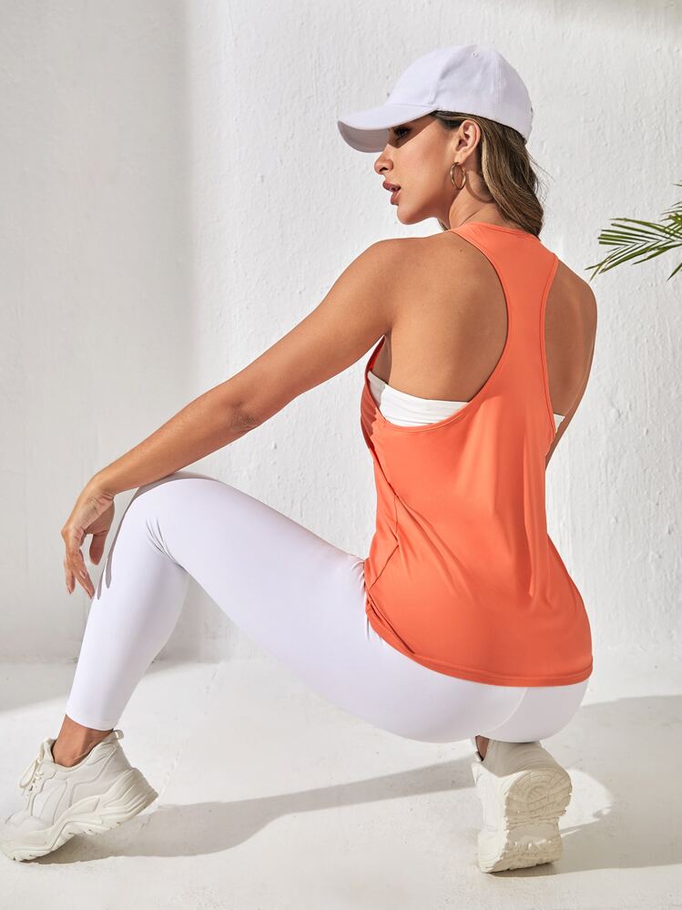 Yoga Basic 無地柄 レースバック スポーツタンクトップ - オレンジ - 見る 6