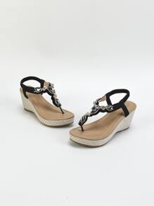 Women Jewelled Decor Slingback Toe Post Sandals, Glamorous Black Wedge Sandals - Black - View 4