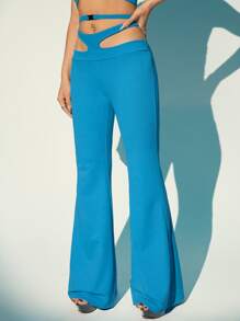 SHEIN ICON Women's Elegant Baby Blue Knitted Flare Leg Pants With Cut-Out Detail