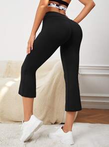 Yoga Basic 寬腰帶喇叭七分褲 - 黑色 - 查看 2