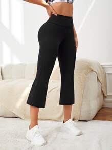 Yoga Basic 寬腰帶喇叭七分褲 - 黑色 - 查看 4