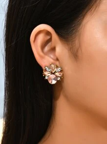 1pair Floral & Rhinestone Decorated Earrings For Women - Multicolor - View 1