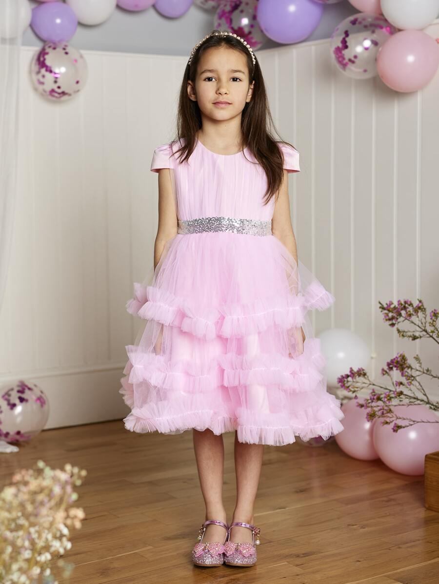 Đầm bé gái Tương phản Mesh Dây kéo màu trơn Dễ thương - Hồng - Xem 1