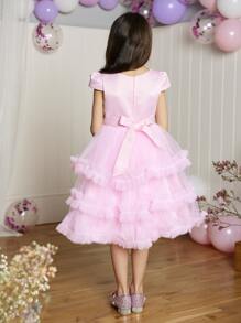 Đầm bé gái Tương phản Mesh Dây kéo màu trơn Dễ thương - Hồng - Xem 2