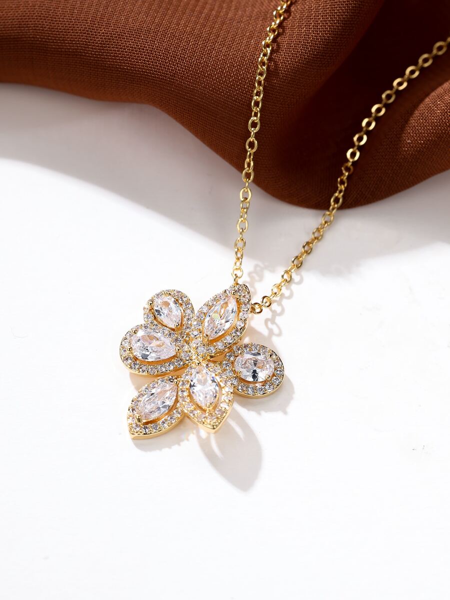 Rhinestone Flower Charm Necklace - Yellow Gold - View 1