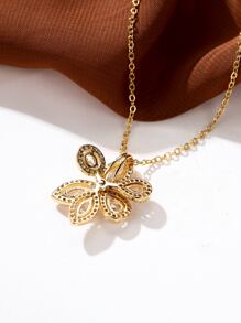 Rhinestone Flower Charm Necklace - Yellow Gold - View 2