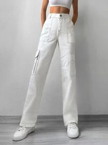 Cottnline Flap Pocket Side Cargo Jeans - White - View 1