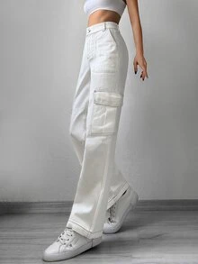 Cottnline Flap Pocket Side Cargo Jeans - White - View 3