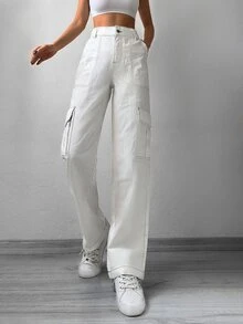 Cottnline Flap Pocket Side Cargo Jeans - White - View 4