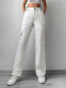 Cottnline Flap Pocket Side Cargo Jeans - White - View 5