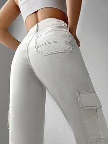 Cottnline Flap Pocket Side Cargo Jeans - White - View 6