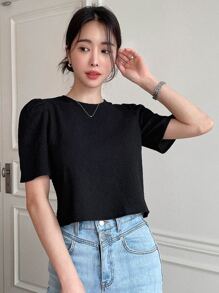 DAZY 女式后背系带泡泡袖衬衫、短款上衣 - 黑色 - 查看 2