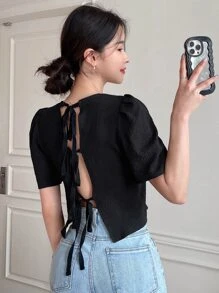DAZY 女式后背系带泡泡袖衬衫、短款上衣 - 黑色 - 查看 4
