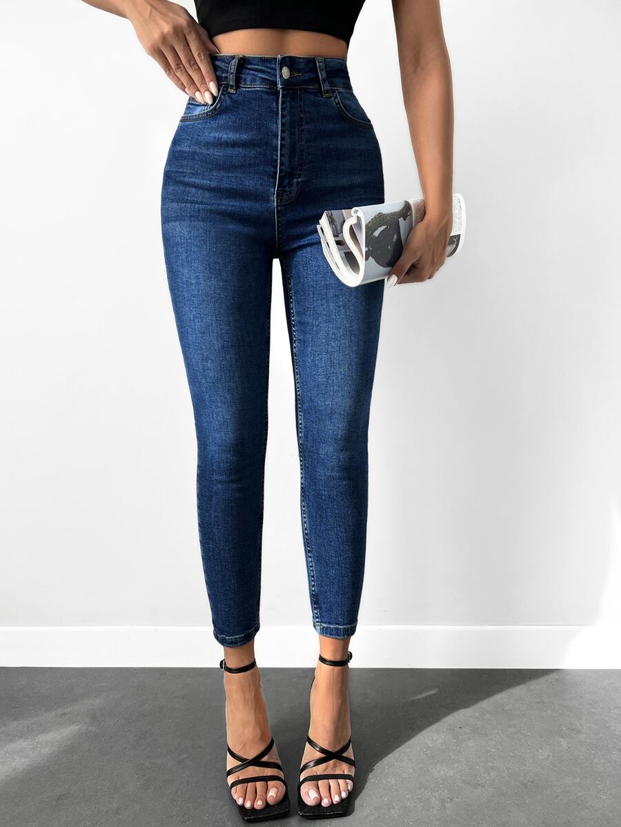 SHEIN Cottnline Casual High Waist Skinny Jeans - Dark Wash - View 1
