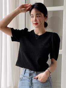 DAZY 女式后背系带泡泡袖衬衫、短款上衣 - 黑色 - 查看 6