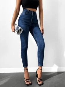 SHEIN Cottnline Casual High Waist Skinny Jeans - Dark Wash - View 4