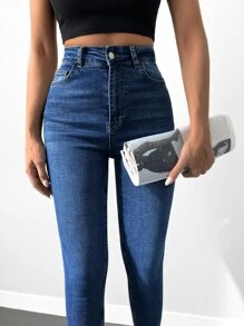 SHEIN Cottnline Casual High Waist Skinny Jeans - Dark Wash - View 5