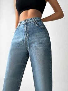 RueChic Jeans de pierna recta con cierre de cremallera - Azul lavado medio - Ver 3