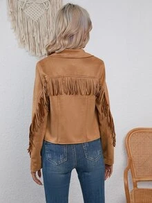 RELISH NOLESS Fringe Trim Zip Up Suedette Biker Jacket - Ginger - View 2