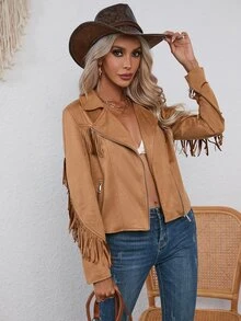 RELISH NOLESS Fringe Trim Zip Up Suedette Biker Jacket - Ginger - View 7
