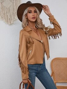 RELISH NOLESS Fringe Trim Zip Up Suedette Biker Jacket - Ginger - View 8