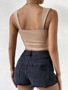 Chiquease Solid Ruched Crop Tank Top - Mocha Brown - View 2