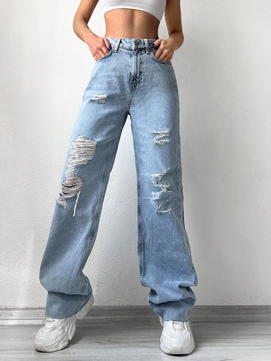 EURMUSE Ripped Wide Leg Jeans - Light Wash - View 1
