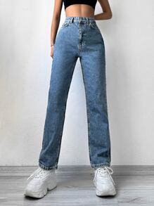 EURMUSE High Waist Straight Leg Jeans - Light Wash - View 1