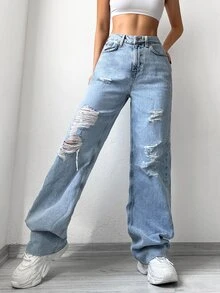 EURMUSE Ripped Wide Leg Jeans - Light Wash - View 5