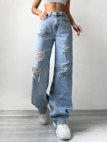 EURMUSE Ripped Wide Leg Jeans - Light Wash - View 6