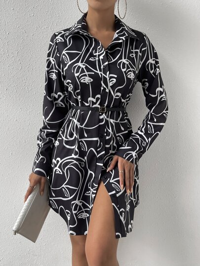 SHEIN Privé 滿版印花前紐扣襯衫連衣裙不附腰帶