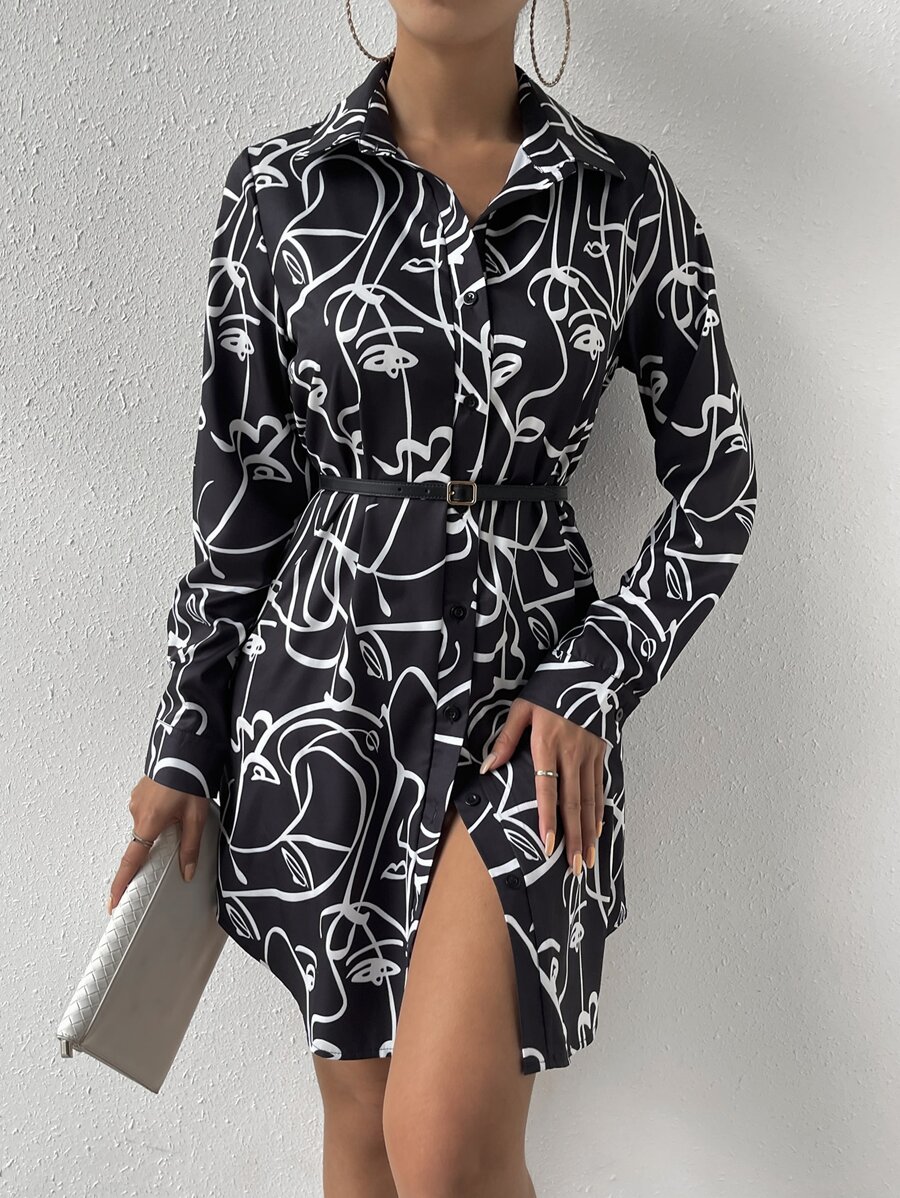 SHEIN Privé Allover Print Button Front Shirt Dress Without Belt - Black and White - View 1