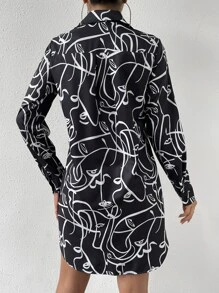 SHEIN Privé Allover Print Button Front Shirt Dress Without Belt - Black and White - View 2