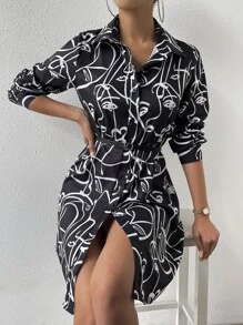 SHEIN Privé Allover Print Button Front Shirt Dress Without Belt - Black and White - View 3