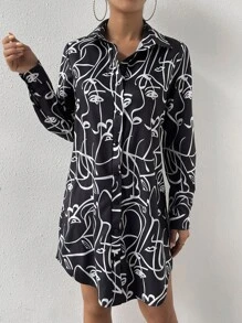 SHEIN Privé Allover Print Button Front Shirt Dress Without Belt - Black and White - View 4