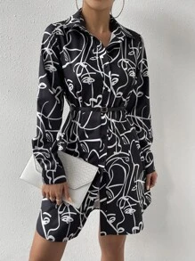 SHEIN Privé Allover Print Button Front Shirt Dress Without Belt - Black and White - View 5