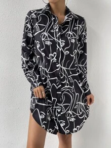 SHEIN Privé Allover Print Button Front Shirt Dress Without Belt - Black and White - View 6