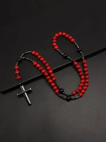 男士十字架吊飾串珠項鏈 - 紅色 - 查看 1