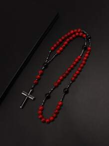 男士十字架吊飾串珠項鏈 - 紅色 - 查看 2