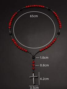 男士十字架吊飾串珠項鏈 - 紅色 - 查看 3