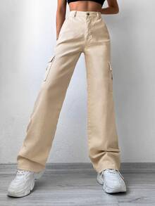 EURMUSE Flap Pocket Side Cargo Jeans - Beige - View 2